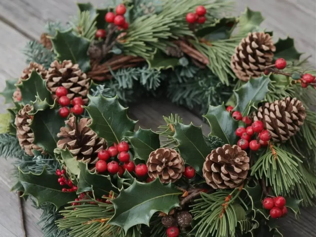 Natural wreath using Pine trees, cedar, & holly grow