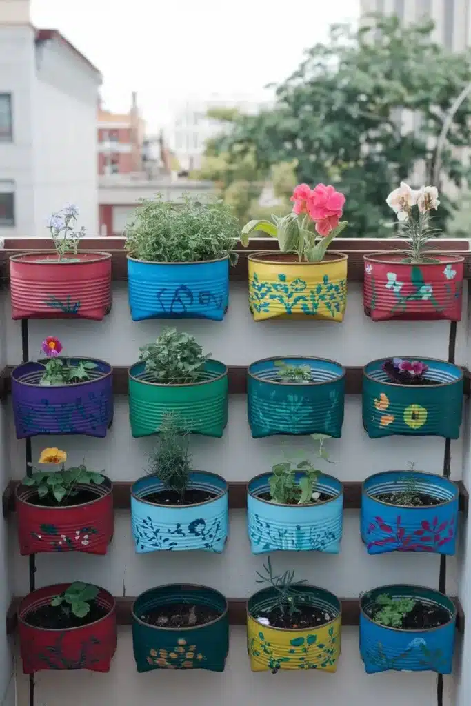 Painted tin cans balcony vertical garden